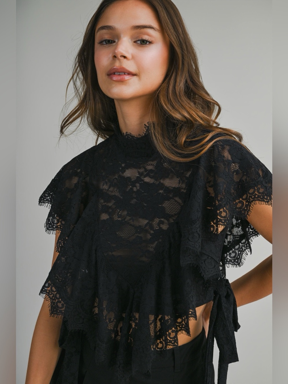 Catherine Ruffled Lace Black Crop Top - Picture 3 of 12